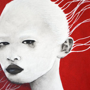 Traces blances - tableau carré 40x40cm acrylique encre de chine chassis 3D portrait féminin noir et blanc et rouge